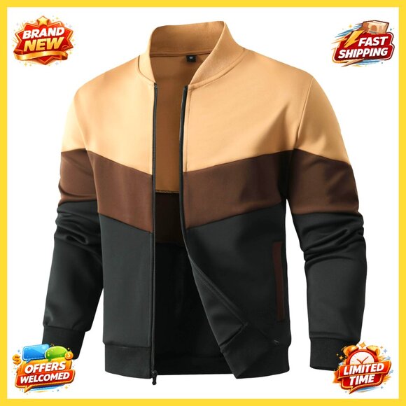 Lightweight Bomber Jacket Color Block Varsity Coat Casual Relaxed Fit